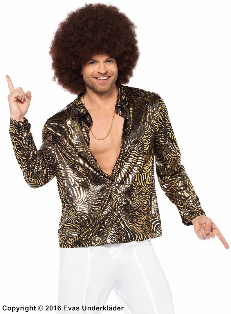 70s disco king, shirt costume, gold shimmer, zebra